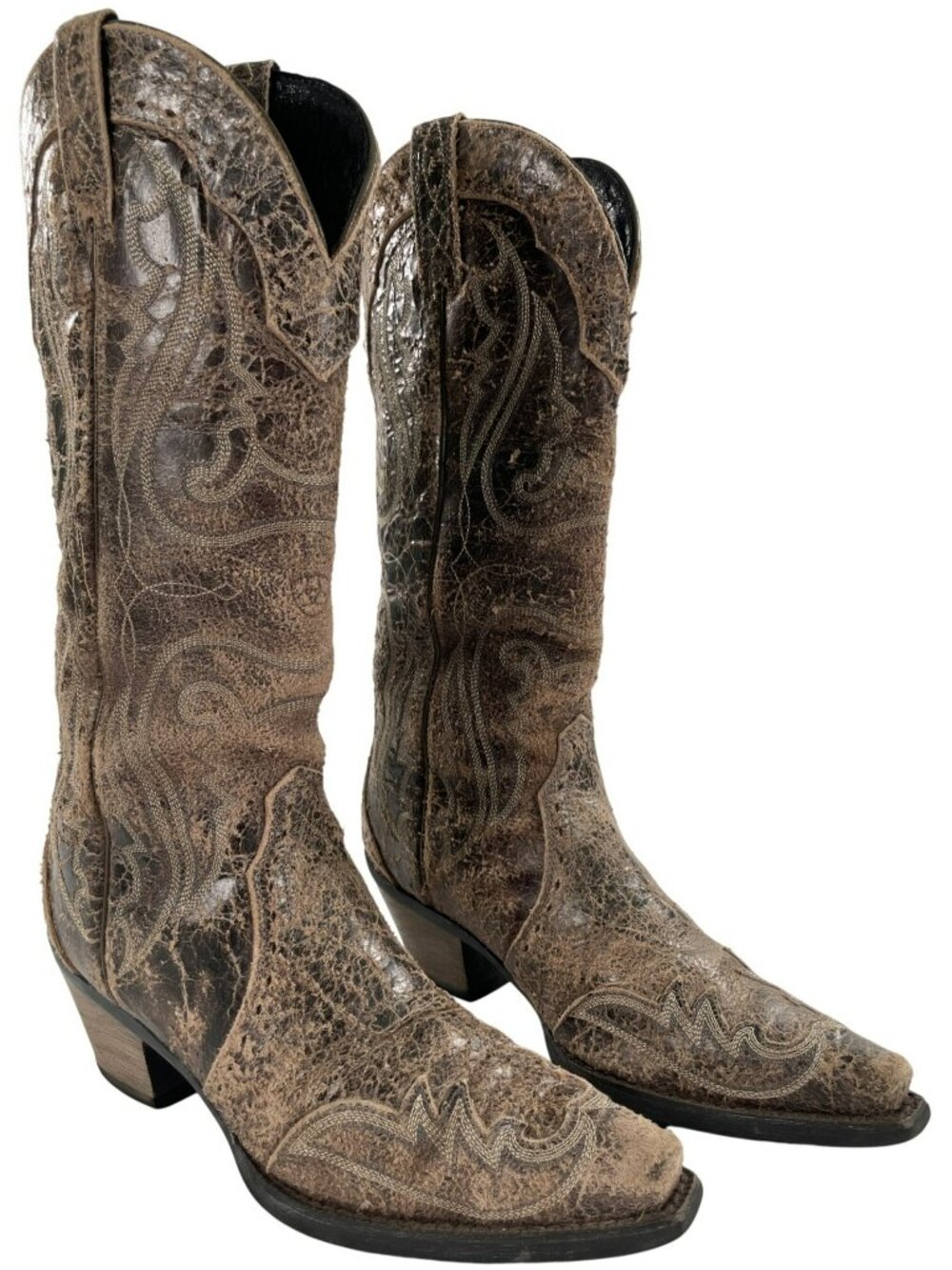 Ariat Brown Distressed Crackle Leather Western Boots Embroidered Women's Sz 8B